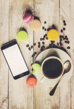 Bademli kurabiye ve kahve. Kahvaltı. Seçici odak. 