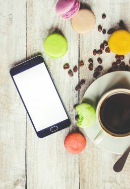 Bademli kurabiye ve kahve. Kahvaltı. Seçici odak. 