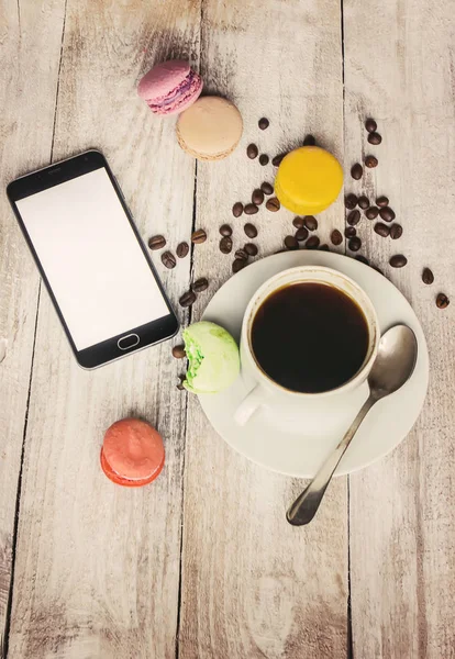 Macaroons Coffee Breakfast Selective Focus — Stock Photo, Image