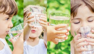 Kolaj çocuk bardak su. seçici odak.