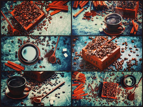 Collage Många Bilder Kaffe — Stockfoto