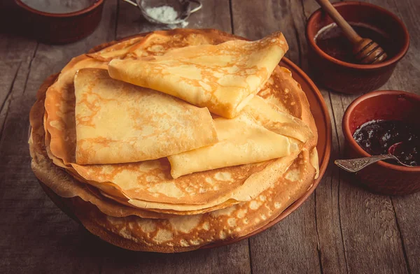 Crêpes Sind Hausgemacht Pfannkuchen Selektiver Fokus — Stockfoto