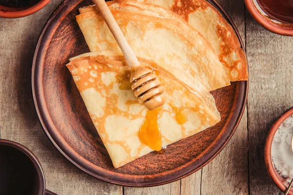 Crêpes Sind Hausgemacht Pfannkuchen Selektiver Fokus — Stockfoto