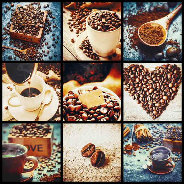 Collage Mit Vielen Bildern Von Kaffee — Stockfoto