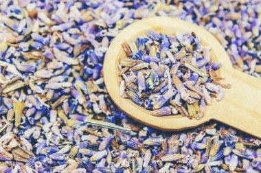 Kurutulmuş lavanta esansiyel yağı. Seçici odak.