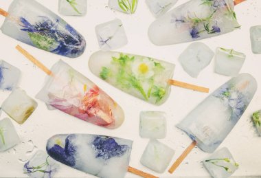 buz küpleri ve dondurma bir çubuk üzerinde donmuş çiçeklenir. seçici odak.