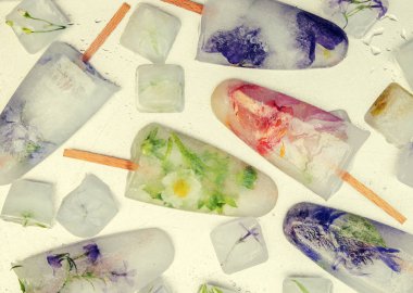 buz küpleri ve dondurma bir çubuk üzerinde donmuş çiçeklenir. seçici odak.