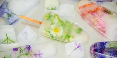 buz küpleri ve dondurma bir çubuk üzerinde donmuş çiçeklenir. seçici odak.