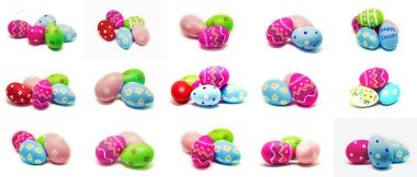 Mükemmel Paskalya yumurtaları el yapımı kolaj. Beyaz arka plan izole. Seçici odak.