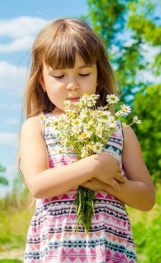 Papatya kızla. Seçici odak. 