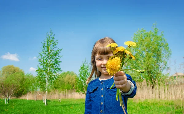 Chica Niño Flores Dientes León Los Juegos Primavera Enfoque Selectivo — Foto de Stock