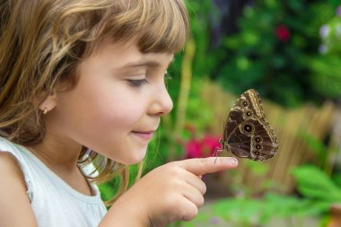Çocuk ile bir kelebek. Seçici odak.