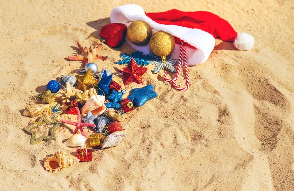 Karácsonyi háttér a strandon kagyló a homokban. Szelektív összpontosít. — Stock Fotó