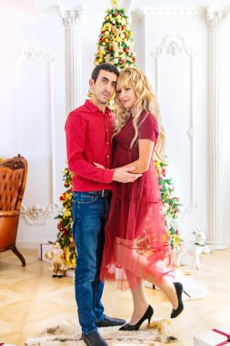 Noel ağacının yanında hediyelerle sevgililer. Seçici fo
