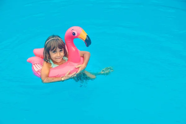 Un niño nada en una piscina con un círculo de flamencos. Enfoque selectivo. —  Fotos de Stock