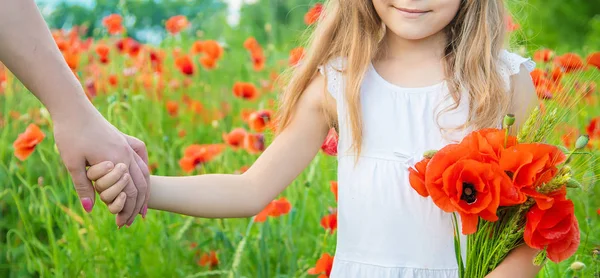 Children girl in a field with poppies. selective focus. — Stock Photo, Image