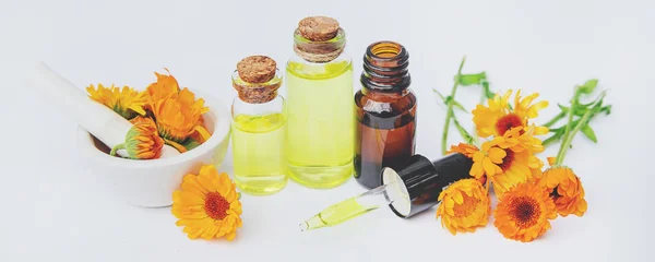 L'estratto di calendula. Piante medicinali. Focus selettivo . — Foto Stock