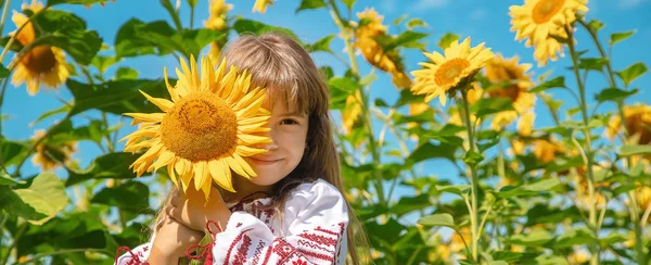 Ein Kind in einem Sonnenblumenfeld in einem bestickten Hemd. Ukrainisch. Selektiver Fokus. — Stockfoto
