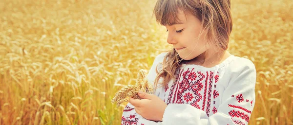 穿着绣花衬衫在麦田里的孩子。乌克兰语。选择性聚焦. — 图库照片