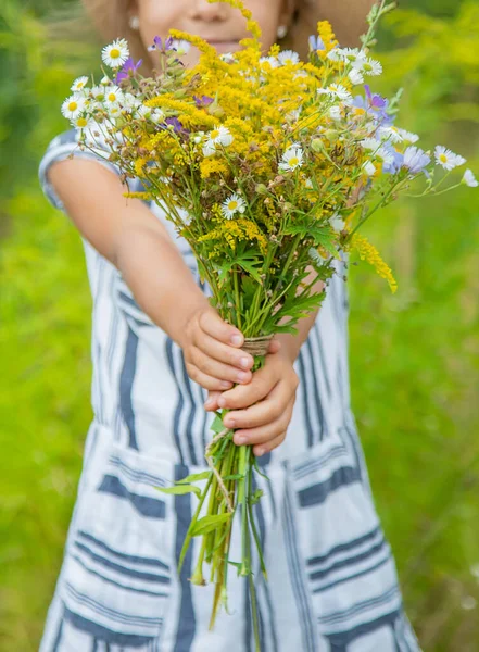 Fille Tenant Des Fleurs Sauvages Dans Les Mains Enfant Concentration — Photo