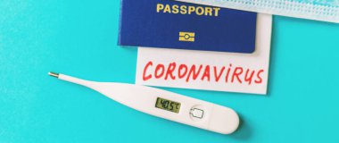 Coronavirus, ülkeler arası uçuş yasağı kavramı. Uluslararası pasaport. Seçici odaklanma. ilaç