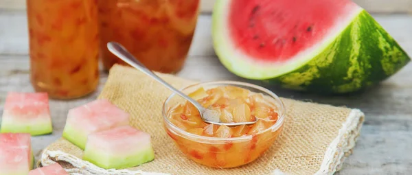Watermelon peel jam in jars. Selective focus. nature