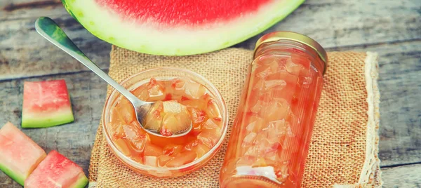 Watermelon peel jam in jars. Selective focus. nature