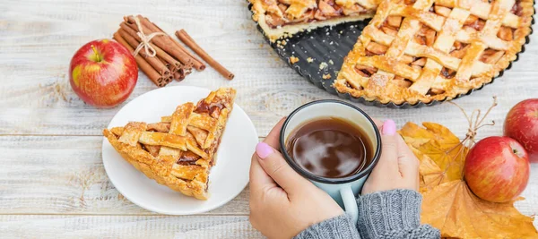 Girl Cup Tea Pie Apples Cinnamon Selective Focus Food — Stock Photo, Image