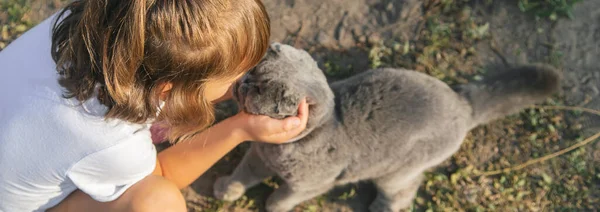 子供の女の子は猫が大好きです 選択的な焦点 — ストック写真