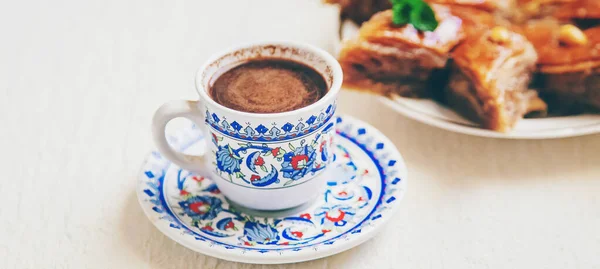 Turkish Coffee Baklava Table Selective Focus Nature — Stock Photo, Image