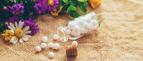 Homöopathie Kräuterextrakte Kleinen Flaschen Selektiver Fokus Natur — Stockfoto