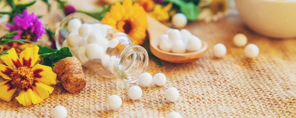 Homeopatía Extractos Hierbas Botellas Pequeñas Enfoque Selectivo Naturaleza — Foto de Stock