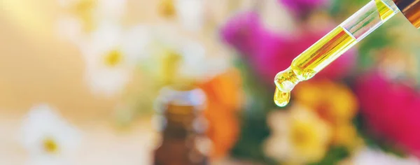 Homöopathie Kräuterextrakte Kleinen Flaschen Selektiver Fokus Natur — Stockfoto