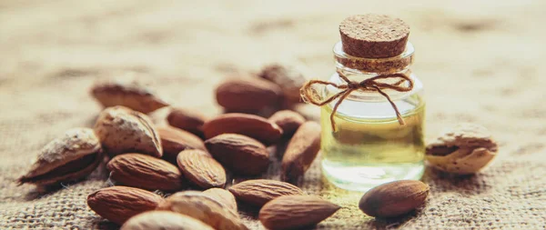 Almond Essential Oil Small Bottle Selective Focus Nature — Stock Photo, Image