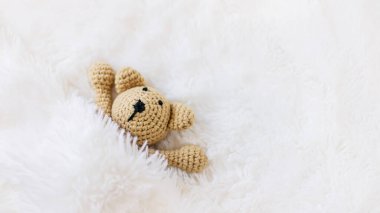 Küçük pelüş oyuncak uyuyor. Seçici odaklanma. Doğa.