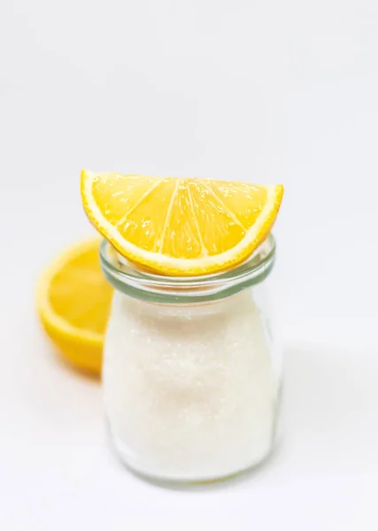 Citric acid on a white isolated background. Selective focus. Food.