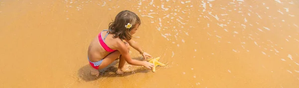 Niño Con Una Estrella Mar Conchas Las Manos Playa Enfoque — Foto de Stock