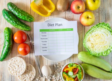 Haftalık diyet planı. Düzgün beslenme kavramı. Seçici odaklanma. Doğa.