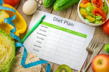 Haftalık diyet planı. Düzgün beslenme kavramı. Seçici odaklanma. Doğa.