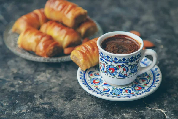 Cup Turkish Coffee Baklava Selective Focus Drink — Stock Photo, Image