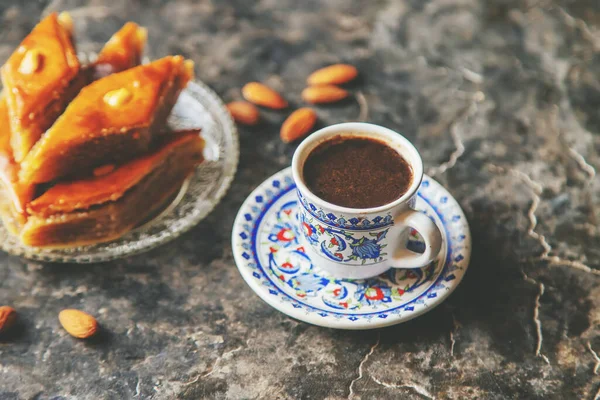 Cup Turkish Coffee Baklava Selective Focus Drink — Stock Photo, Image