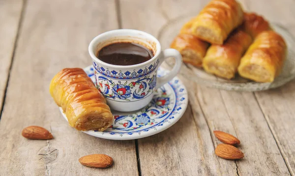 Cup Turkish Coffee Baklava Selective Focus Drink — Stock Photo, Image