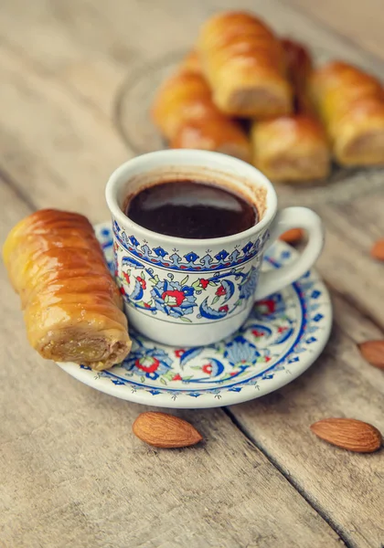 Cup Turkish Coffee Baklava Selective Focus Drink — Stock Photo, Image