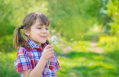 Parkta karahindiba taşıyan kız çocuğu. Seçici odak.