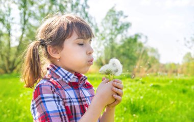 Parkta karahindiba taşıyan kız çocuğu. Seçici odak.
