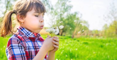 Parkta karahindiba taşıyan kız çocuğu. Seçici odak.