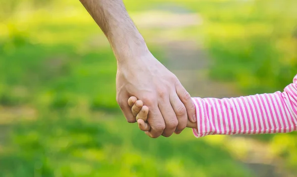 Bambino Con Suo Padre Mano Concentrazione Selettiva Natura — Foto Stock