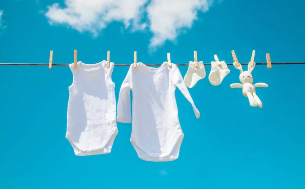 White Baby Clothes Dry Rope Selective Focus Nature — Stock Photo, Image
