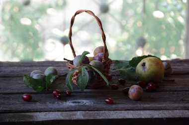 taze Erik bir hasır sepet ve kırmızı kızılcık sopası.