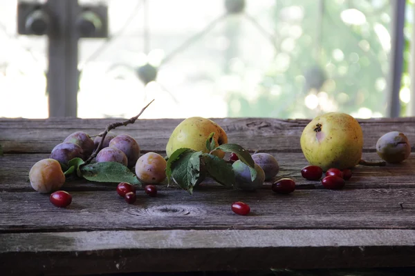Свіжі груші зі сливами і догвудом на столі — стокове фото